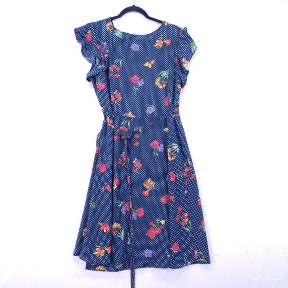 Wrapper Navy Blue Mini Stars Colorful Floral Lightweight Wrap Mid Dress Size L - Picture 10 of 13